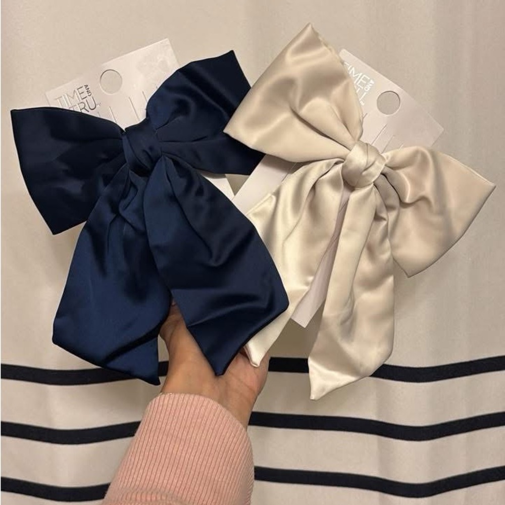 Time and Tru Navy & Ivory Hair Bows (Barrette Clasps)